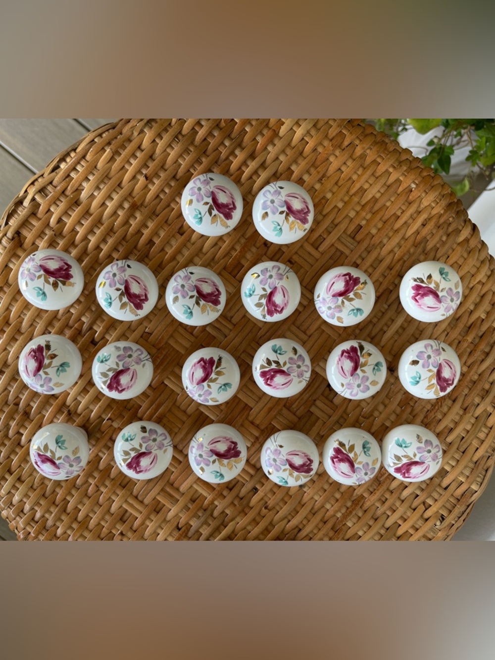 20 Floral On White Ceramic Cabinet Drawer Pull Knob - Vintage - Japan